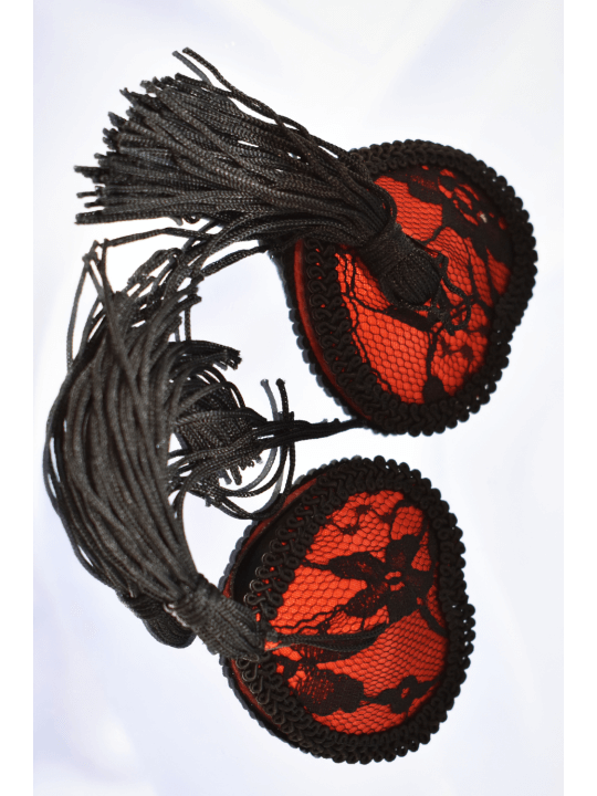 Paire de cache tétons adhésifs en forme de cœur avec dentelle noire et pompom - NP-0077