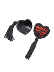 Paire de cache tétons adhésifs en forme de cœur avec dentelle noire et pompom - NP-0077