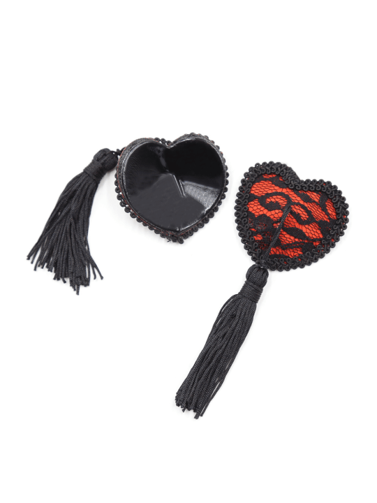 Paire de cache tétons adhésifs en forme de cœur avec dentelle noire et pompom - NP-0077