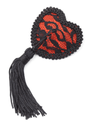 Paire de cache tétons adhésifs en forme de cœur avec dentelle noire et pompom - NP-0077