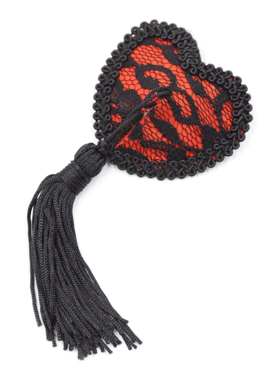 Paire de cache tétons adhésifs en forme de cœur avec dentelle noire et pompom - NP-0077
