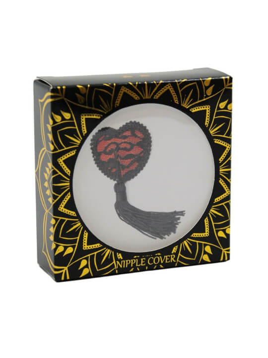 Paire de cache tétons adhésifs en forme de cœur avec dentelle noire et pompom - NP-0077