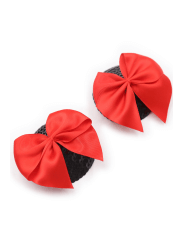Paire de cache tétons adhésifs noir avec nœud papillon rouge - NP-1063