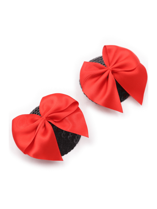 Paire de cache tétons adhésifs noir avec nœud papillon rouge - NP-1063