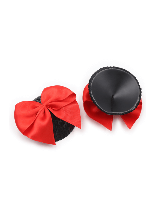 Paire de cache tétons adhésifs noir avec nœud papillon rouge - NP-1063