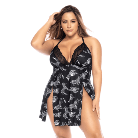 Nuisette grande taille imprimé zèbre, fendue sur les côtés - MAL7522XFIBK