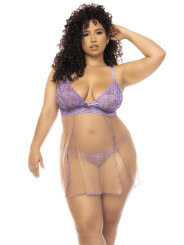 Nuisette grande taille couleur lavande et chair Verona, en dentelle et résille transparente - MAL7540XLLCN