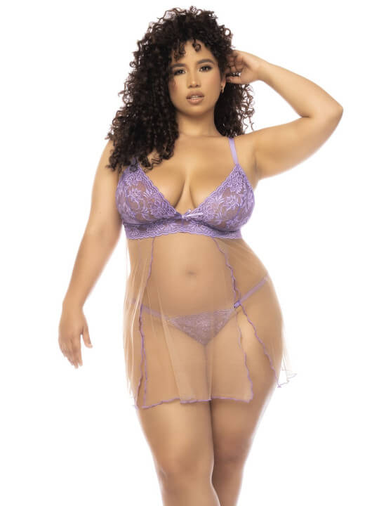 Nuisette grande taille couleur lavande et chair Verona, en dentelle et résille transparente - MAL7540XLLCN