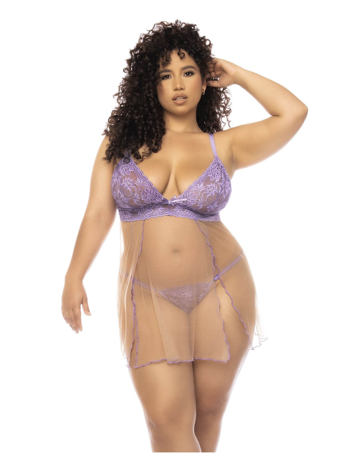 Nuisette grande taille couleur lavande et chair Verona, en dentelle et résille transparente - MAL7540XLLCN