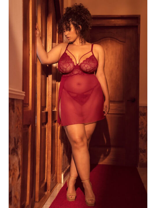 Nuisette grande taille couleur framboise et string - MAL7555XROSW