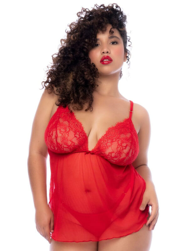 Nuisette courte grande taille rouge et string - MAL7562XRD