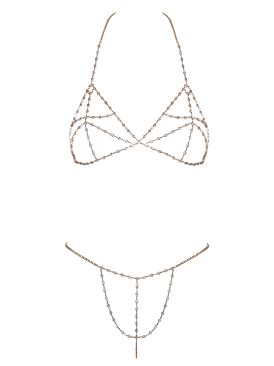 Soutien-gorge et string bijoux en chaînettes dorées et strass irisés - R24505186001