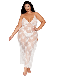 Nuisette longue blanche grande taille en dentelle florale, string assorti - DG13667XWHT