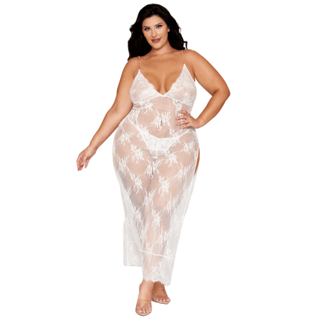 Nuisette longue blanche grande taille en dentelle florale, string assorti - DG13667XWHT