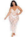 Nuisette longue blanche grande taille en dentelle florale, string assorti - DG13667XWHT
