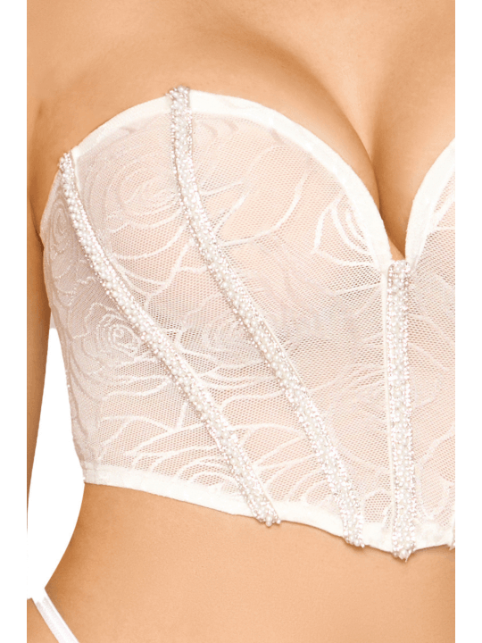 Bustier blanc avec perles et strass, bretelles transparentes amovibles - DG13669WHT