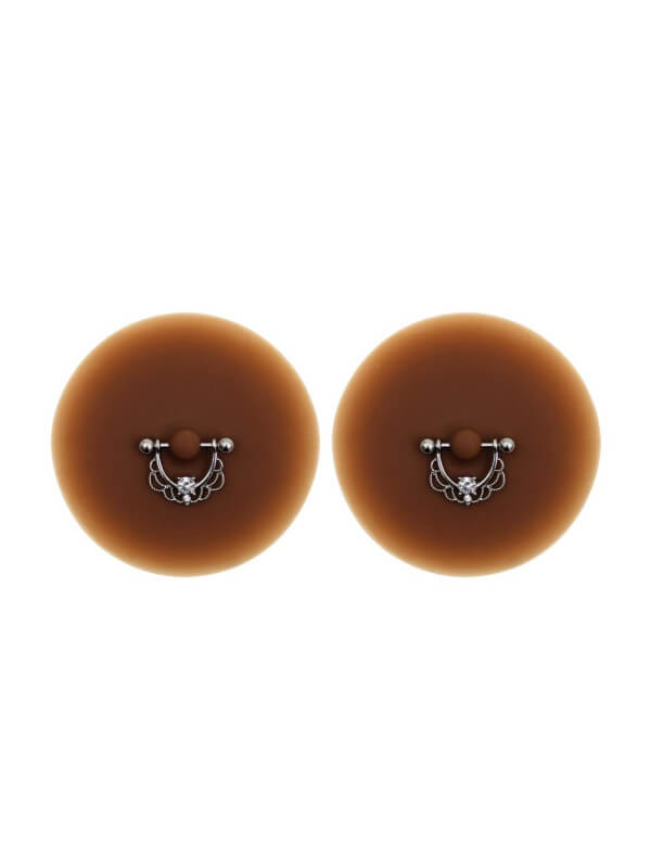 Paire de cache-tétons piercing barre demi-anneau faux diamant peau foncée - XP008F
