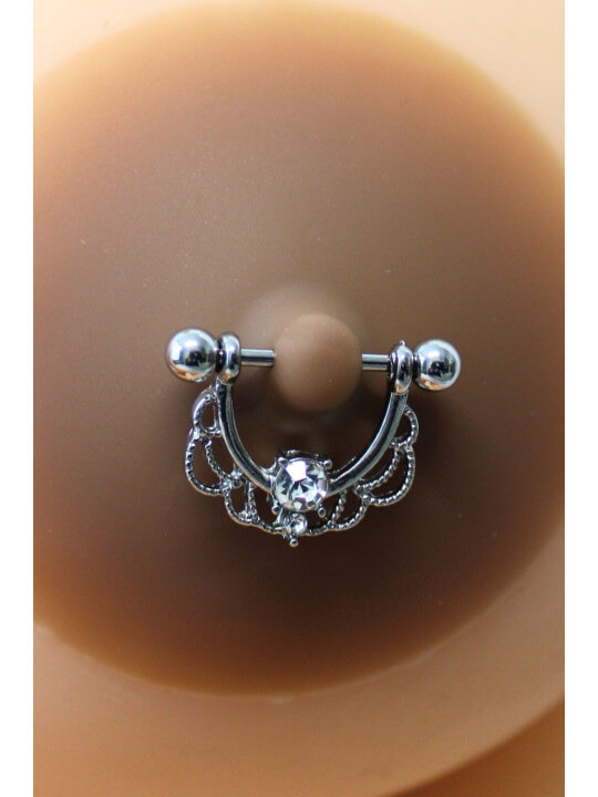 Paire de cache-tétons piercing barre demi-anneau faux diamant peau foncée - XP008F