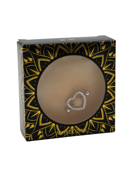 Paire de cache-tétons piercing barre coeur faux diamant peau claire - XP004C