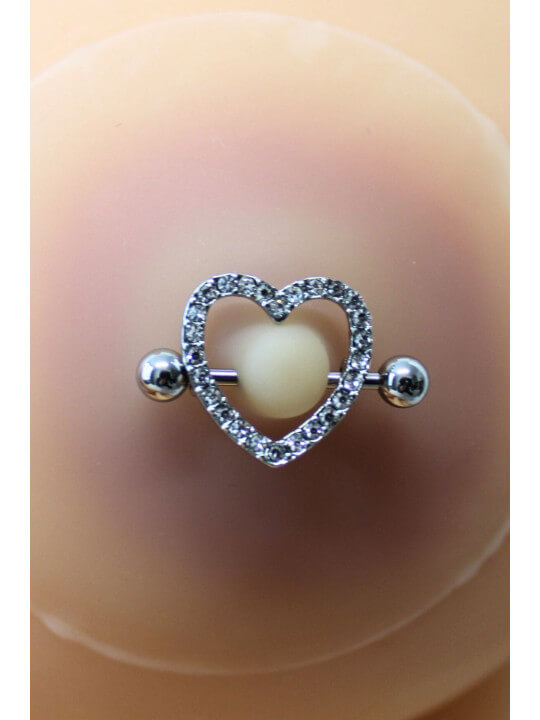 Paire de cache-tétons piercing barre coeur faux diamant peau claire - XP004C