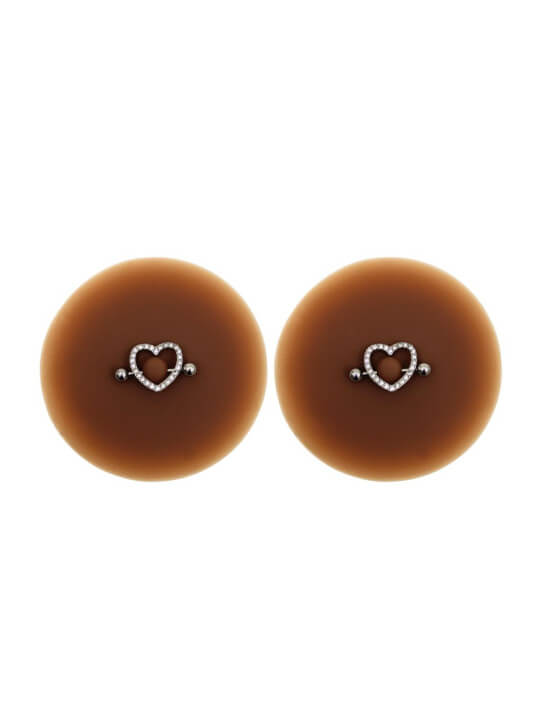 Paire de cache-tétons piercing barre coeur faux diamant peau foncée - XP004F