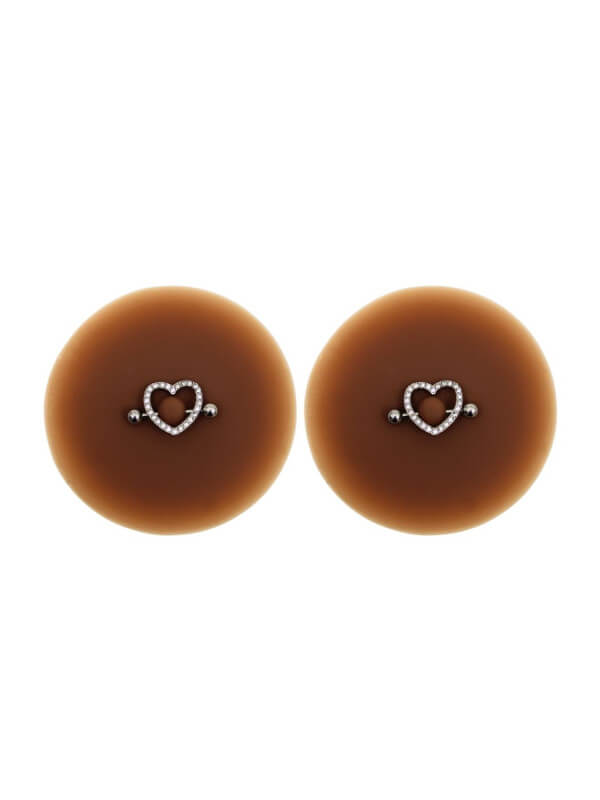 Paire de cache-tétons piercing barre coeur faux diamant peau foncée - XP004F