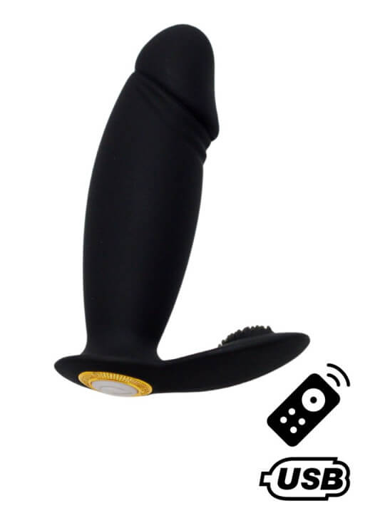 ACHILLE, Mini vibromasseur noir USB, forme pénis avec stimulation clitoridienne, avec télécommande - BQ158BLK