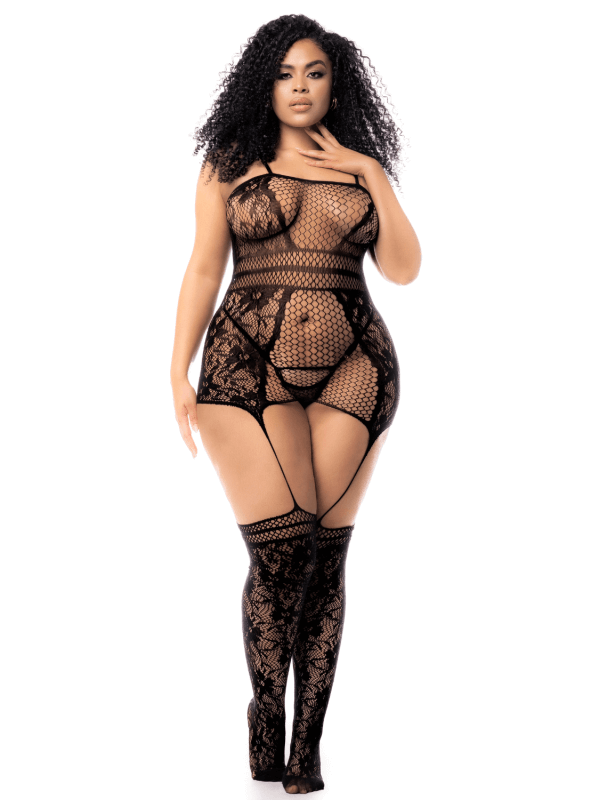 Combinaison grande taille en résille noire - MAL1105XBLK