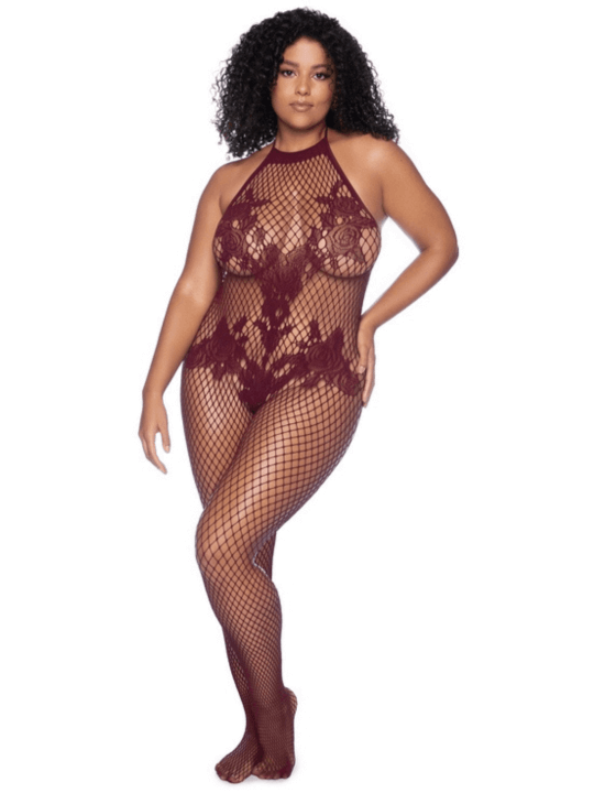 Combinaison grande taille en résille couleur cerise - MAL1116XCHRY