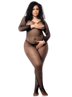 Combinaison grande taille manches longues en résille noire - MAL1102XBLK