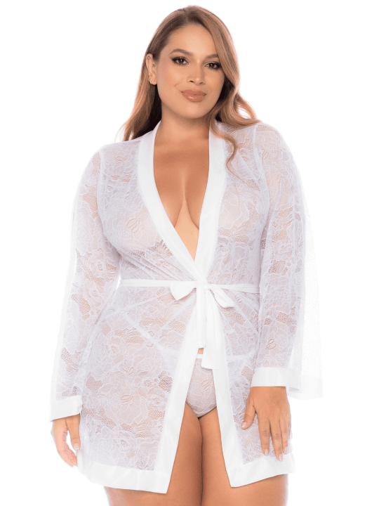 Peignoir grande taille en dentelle blanche - MAL7611XWHT