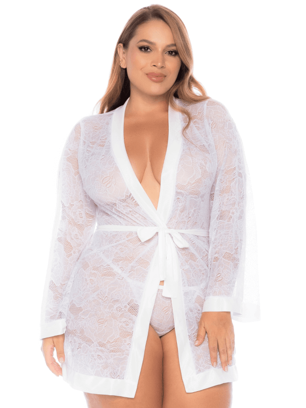 Peignoir grande taille en dentelle blanche - MAL7611XWHT
