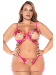 Nuisette grande taille en résille et dentelle florale rose et string assorti - MAL7609XSEGA