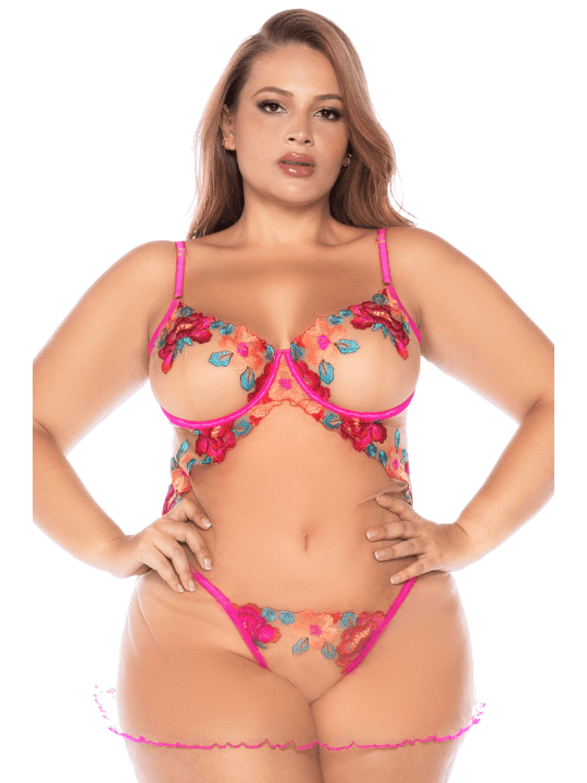 Nuisette grande taille en résille et dentelle florale rose et string assorti - MAL7609XSEGA