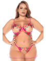 Nuisette grande taille en résille et dentelle florale rose et string assorti - MAL7609XSEGA
