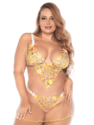 Nuisette grande taille transparente brodée jaune et string - MAL7608XSUBS