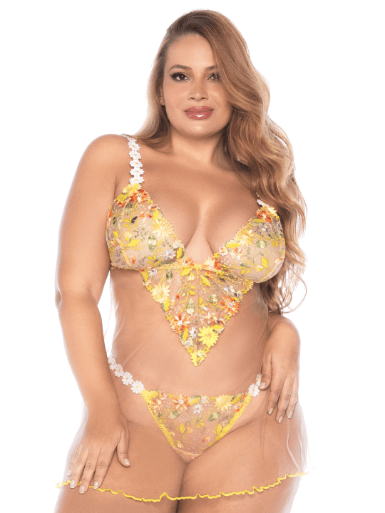 Nuisette grande taille transparente brodée jaune et string - MAL7608XSUBS