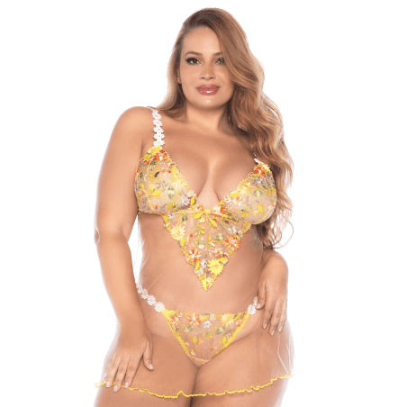 Nuisette grande taille transparente brodée jaune et string - MAL7608XSUBS