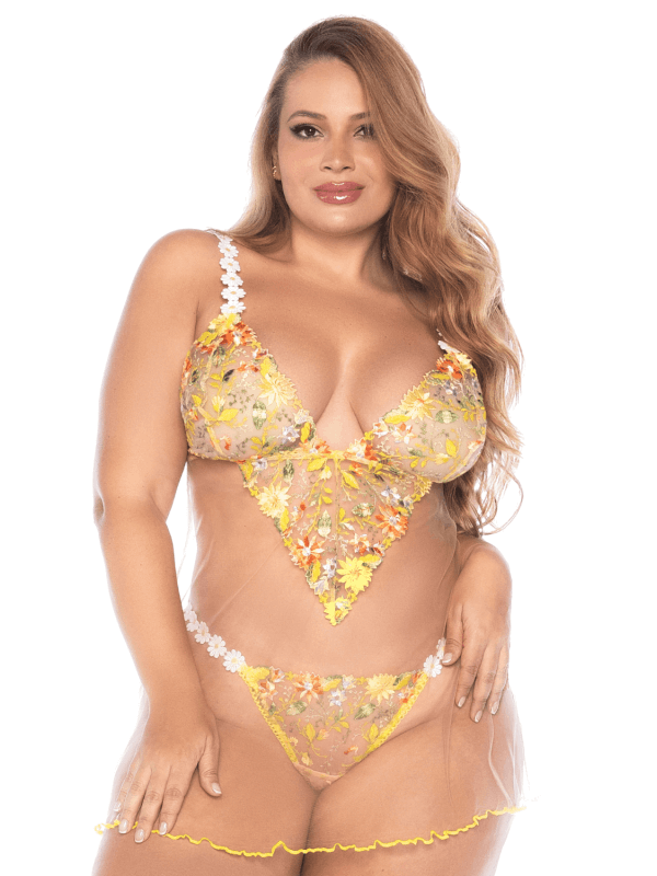 Nuisette grande taille transparente brodée jaune et string - MAL7608XSUBS