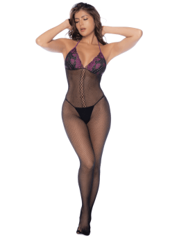 Combinaison en résille et dentelle noire et violette - MAL1122BKPU