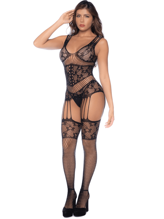 Combinaison noire en résille avec strass - MAL1132BKRH