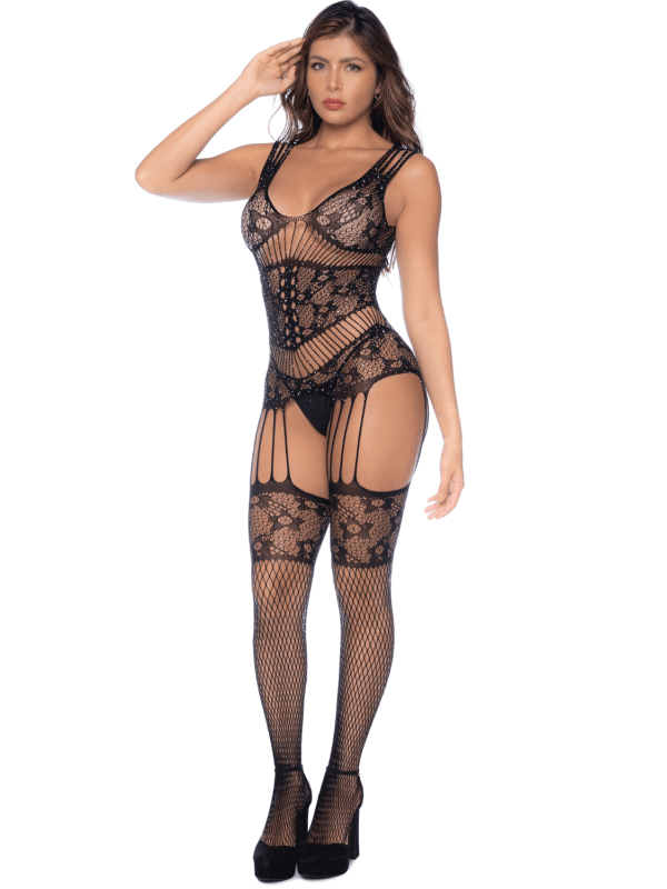 Combinaison noire en résille avec strass - MAL1132BKRH