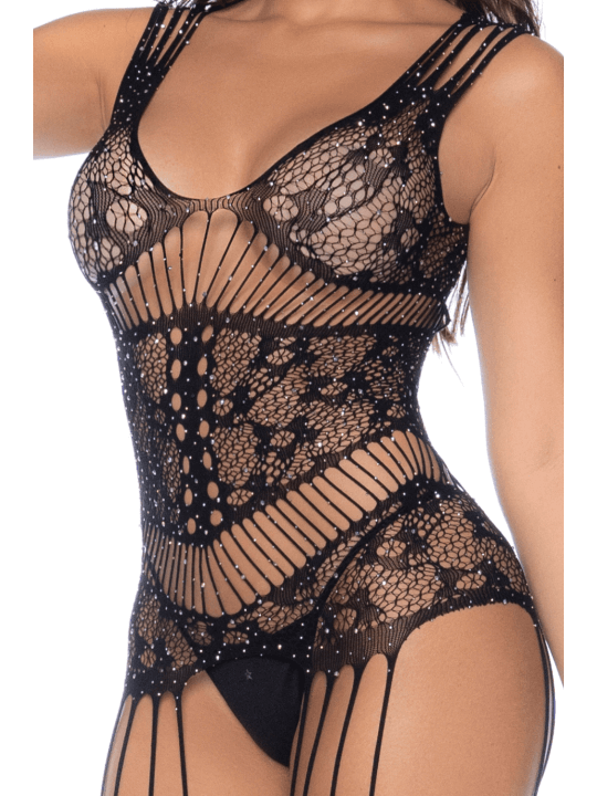 Combinaison noire en résille avec strass - MAL1132BKRH