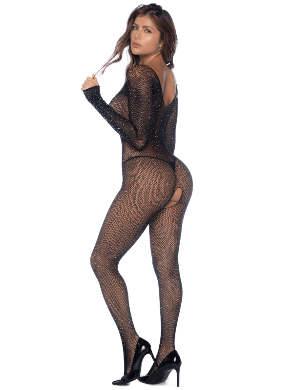 Combinaison noire en résille ornée de strass - MAL1131BKRH