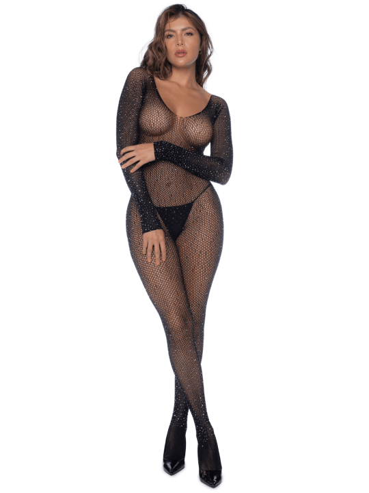 Combinaison noire en résille ornée de strass - MAL1131BKRH