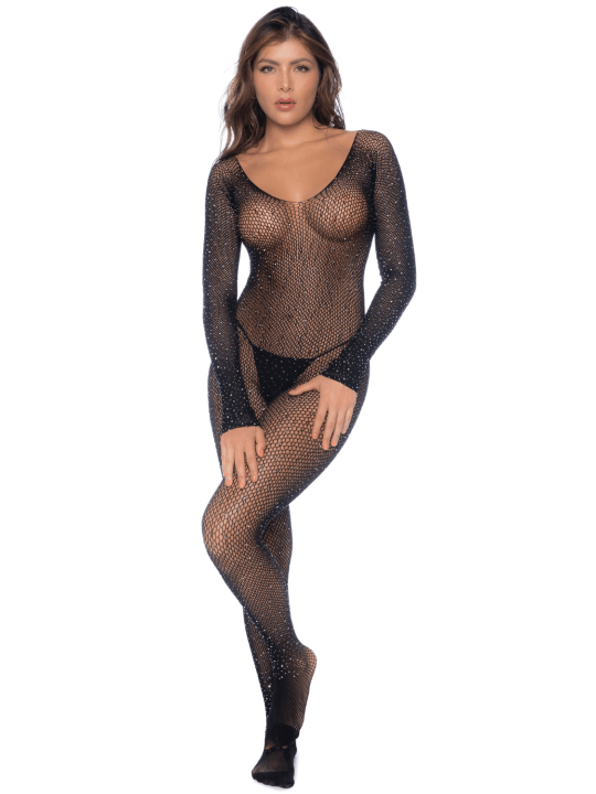 Combinaison noire en résille ornée de strass - MAL1131BKRH