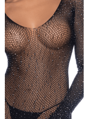 Combinaison noire en résille ornée de strass - MAL1131BKRH