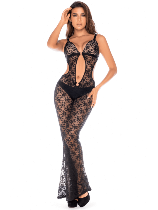 Combinaison/robe ajourée en dentelle noire - MAL1914BLK