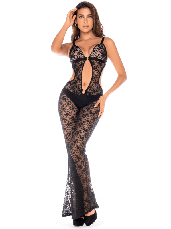 Combinaison/robe ajourée en dentelle noire - MAL1914BLK