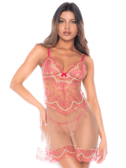 Nuisette en résille brodée avec string - MAL7604ROWP